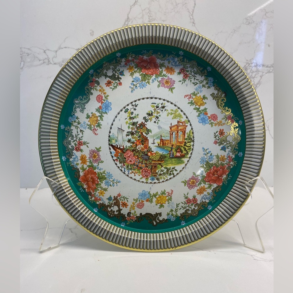 Daher Vintage Cottagecore Maximalist Floral Decorative Metal Tray w/Gold Accents
